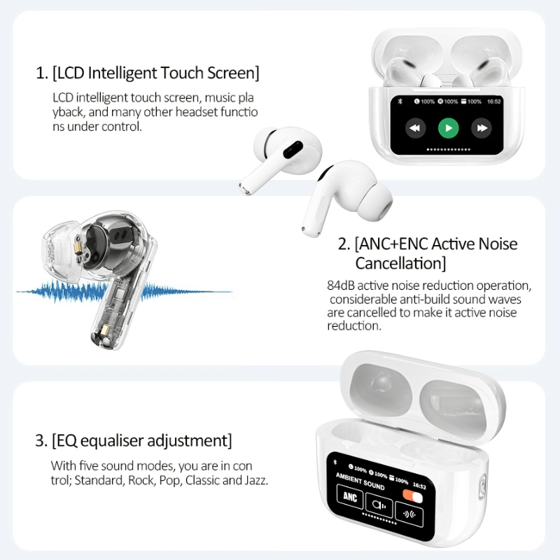 TouchPods S10 Pro ANC/ENC brezžične Bluetooth slušalke, LCD zaslon na dotik, aktivno odpravljanje šumov, pametni AI prevajalnik