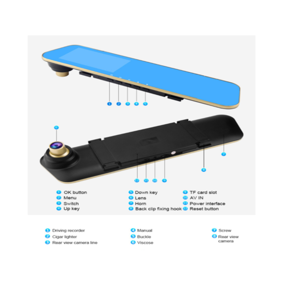 Vzvratno avtomobilsko ogledalo s kamero s 4,3-palčnim LCD zaslonom in snemalnikom