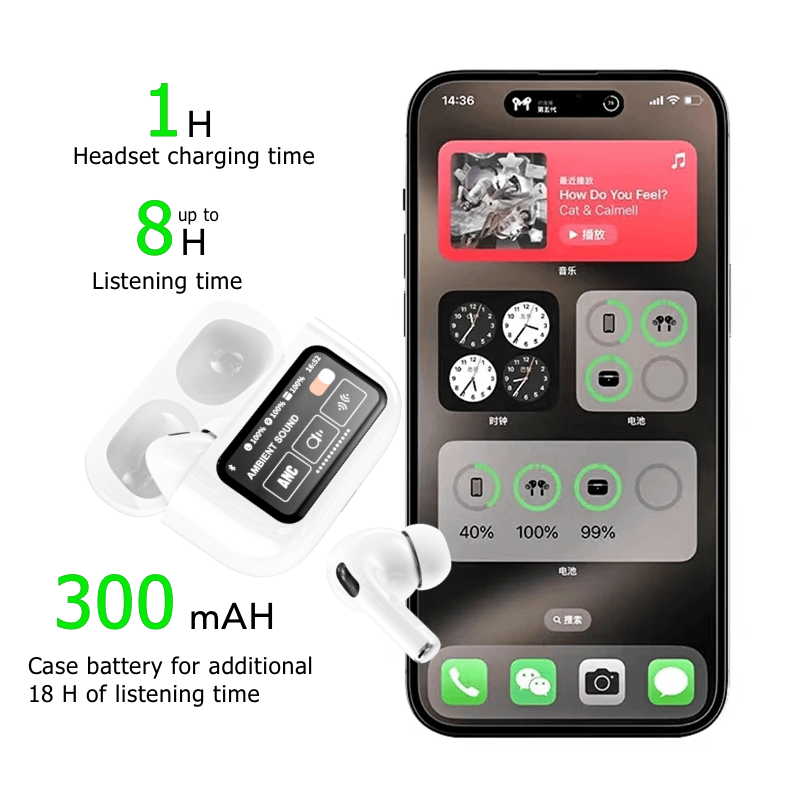 TouchPods S10 Pro ANC/ENC brezžične Bluetooth slušalke, LCD zaslon na dotik, aktivno odpravljanje šumov, pametni AI prevajalnik